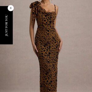 Clublondon  Yasmin Leopard Print Velvet Strappy Maxi Dress With Bow